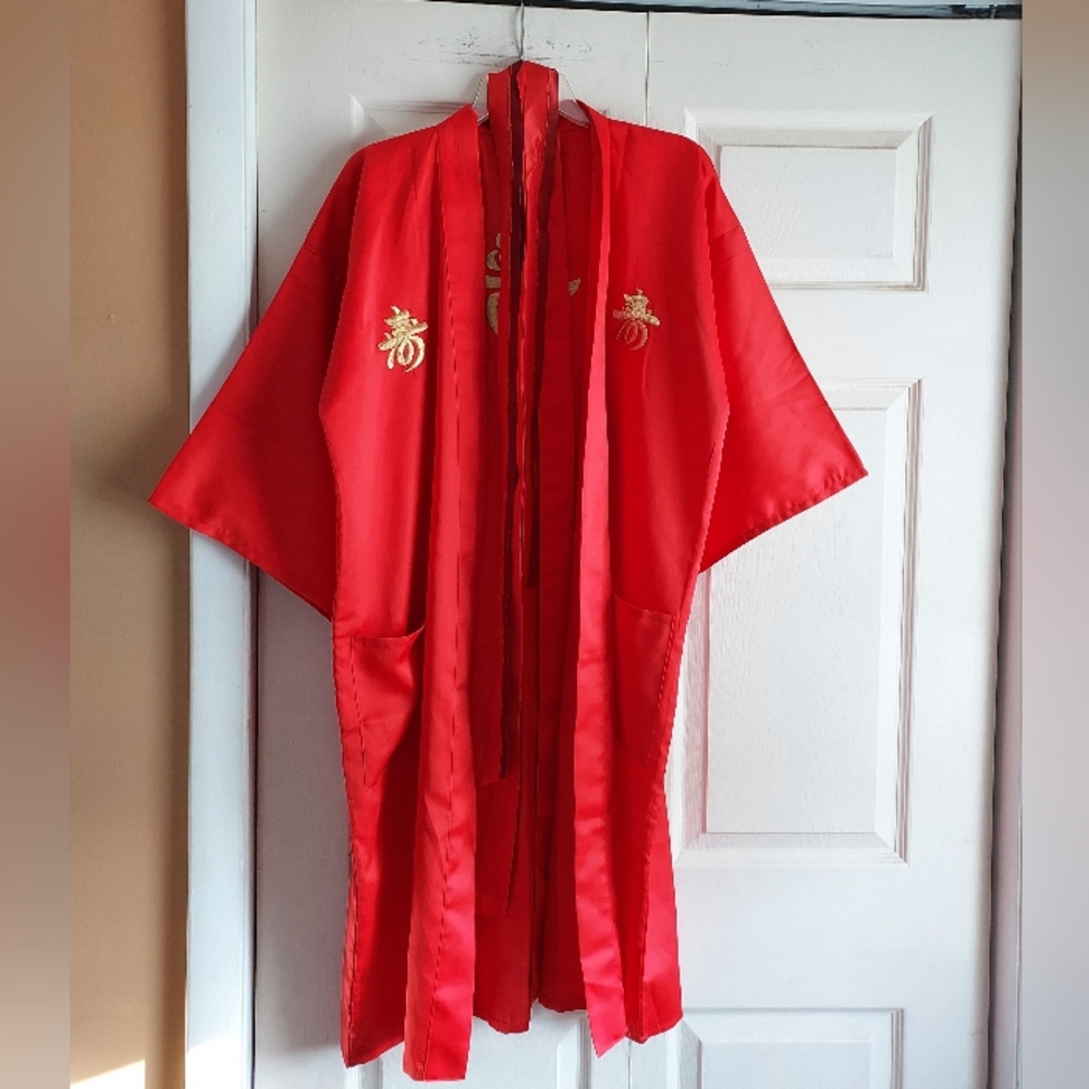 Kimono Cherry Red Robe Gold Embroidered Accents Asian Belt Japan Glam Luxury